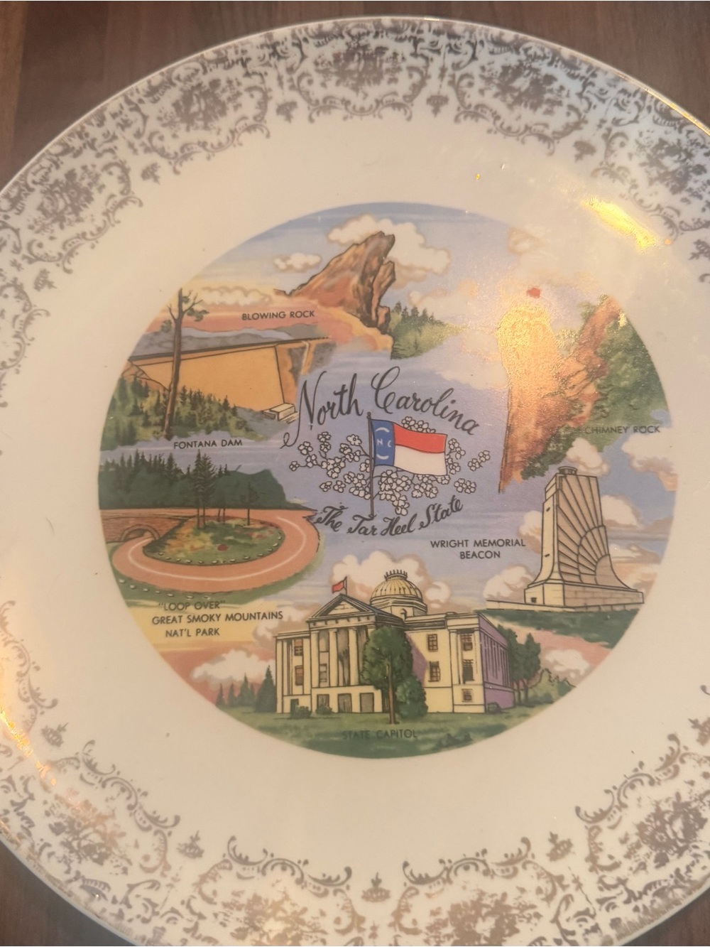 Vintage North Carolina Decorative Collector Plate - White with Multicolor Center